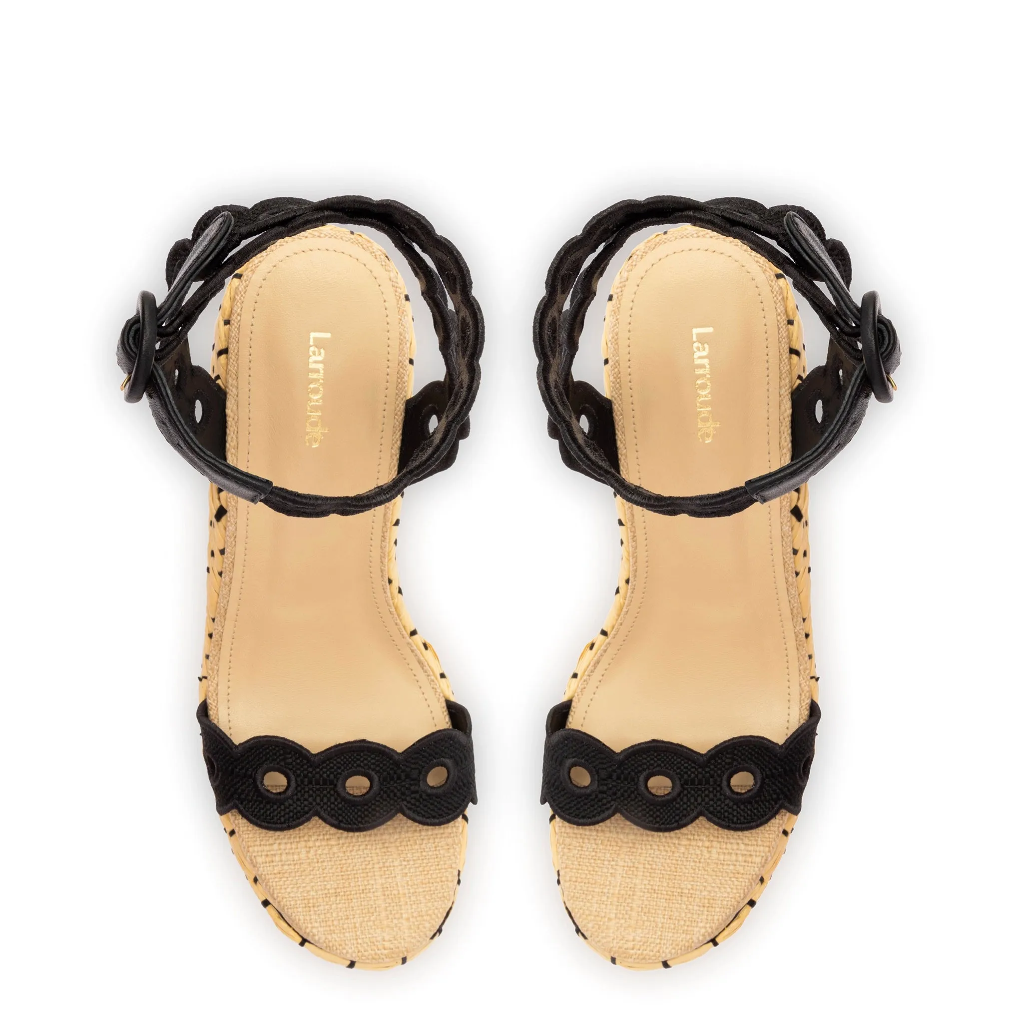 Florence Broderie Wedge In Beige and Black Raffia