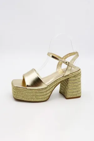 Gold Metallic Platform Raffia Casual High Heels