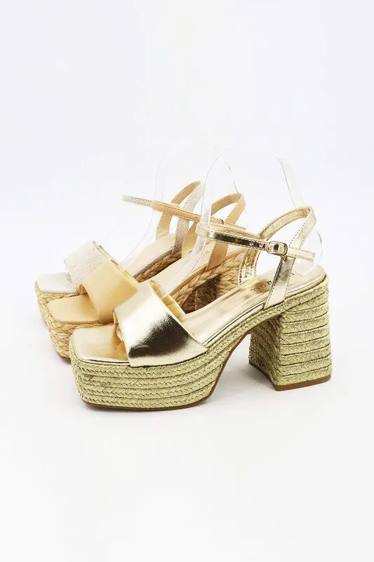 Gold Metallic Platform Raffia Casual High Heels