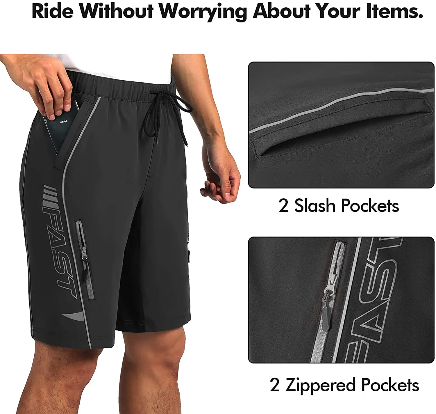 Hiauspor Hiking-Shorts-Mens-Casual-Shorts-Cycling-MTB-Mountain-Bike-Shorts with 2 Zipper Pockets