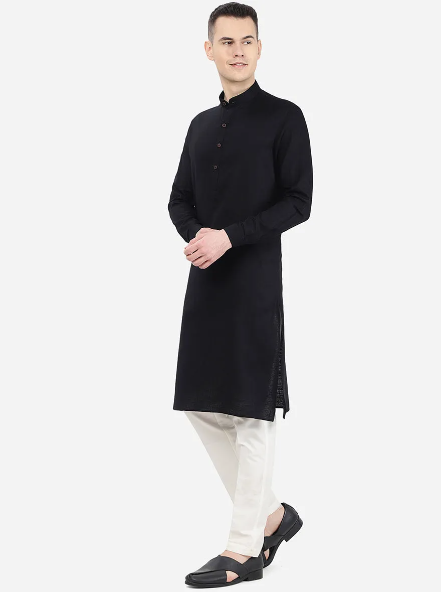 Jet Black Self Textured Regular Fit Modi Kurta | JadeBlue