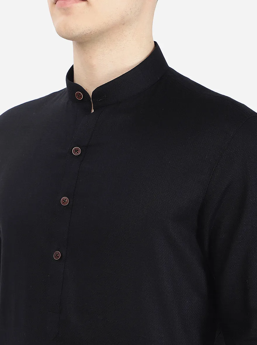 Jet Black Self Textured Regular Fit Modi Kurta | JadeBlue