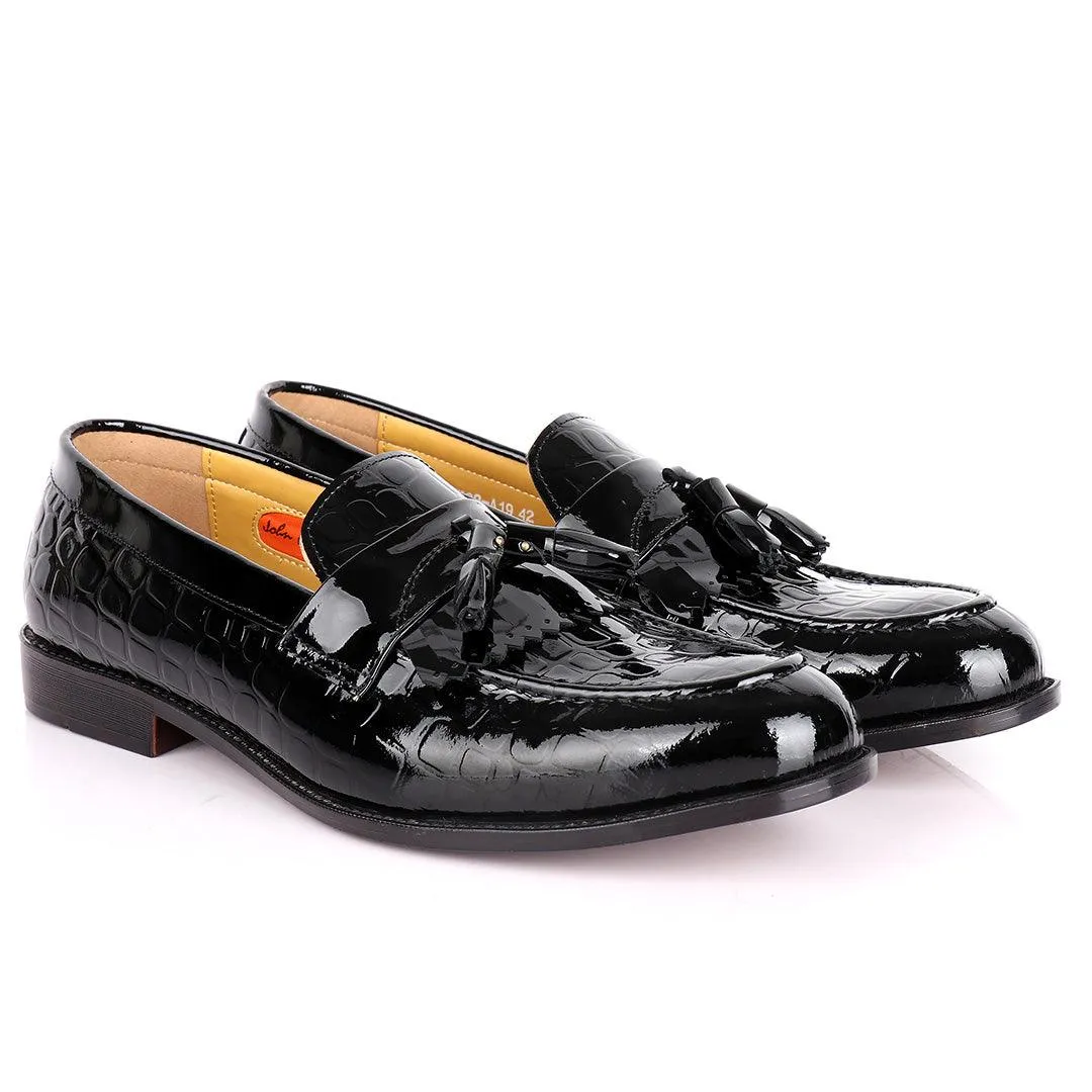 John Foster Crocodile Design Wetlips Leather Fringe And Tassel Shoe-Black