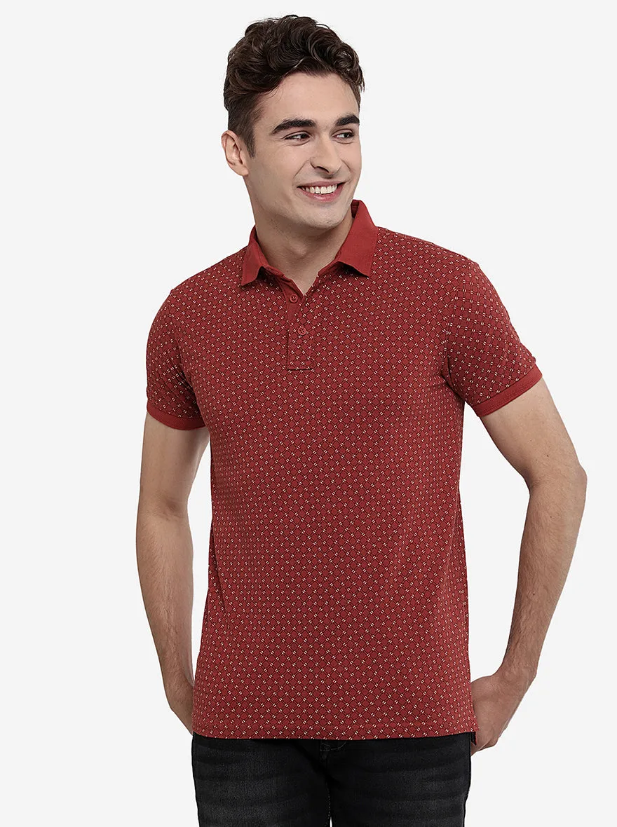 Ketchup Red Printed Slim Fit Polo T-Shirt | JadeBlue