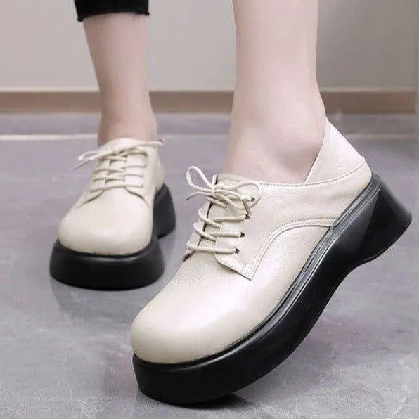 Leather Lace-up Loafers Platform Women's Casual Shoes EK316