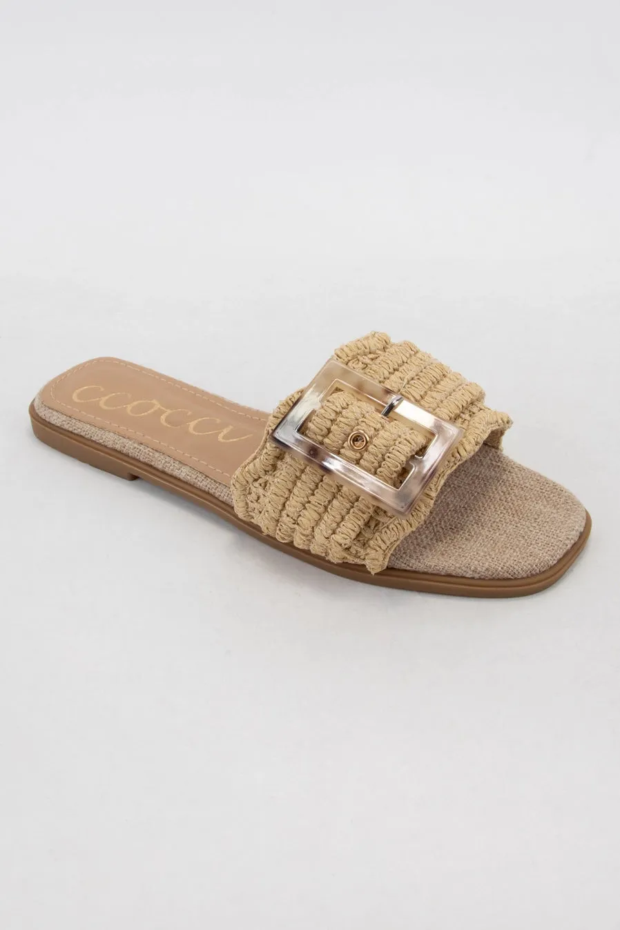 Leslie Raffia Slide with Tortoise Buckle in Yellow Camel