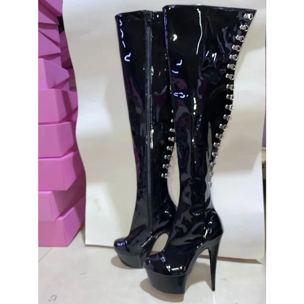 Merendy Rania Sexy Over The Knee Tall Black Lace-up Boots