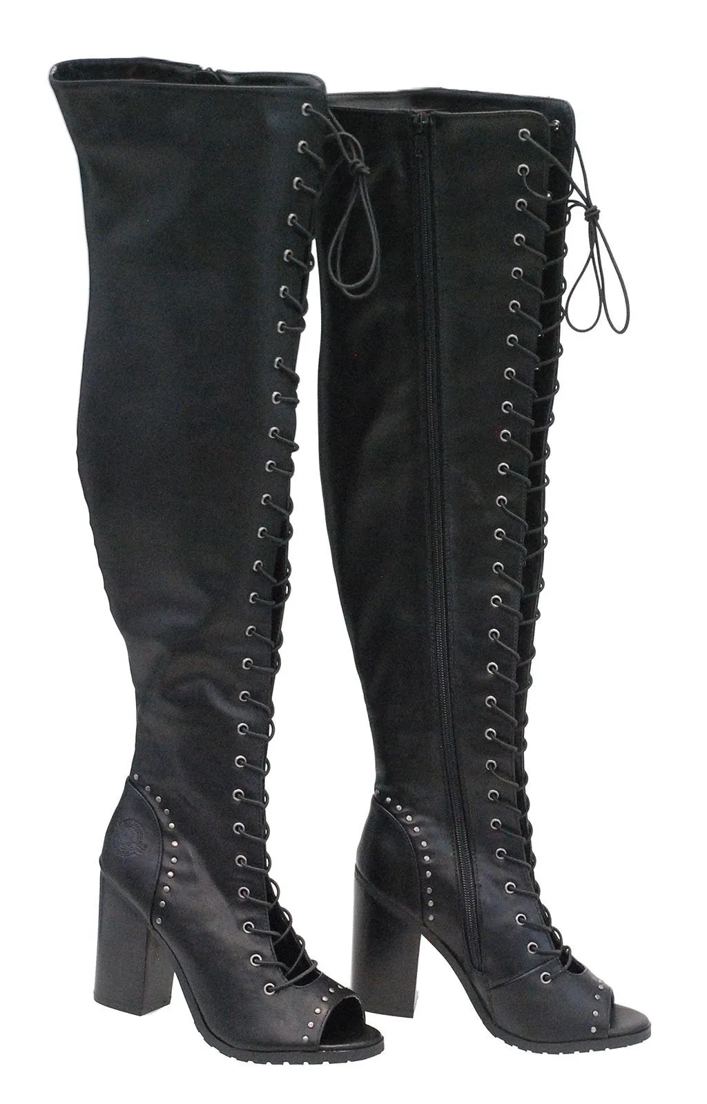 Milwaukee Lace Up Thigh High Open Toe Studded Boots #BLC9421THI ()