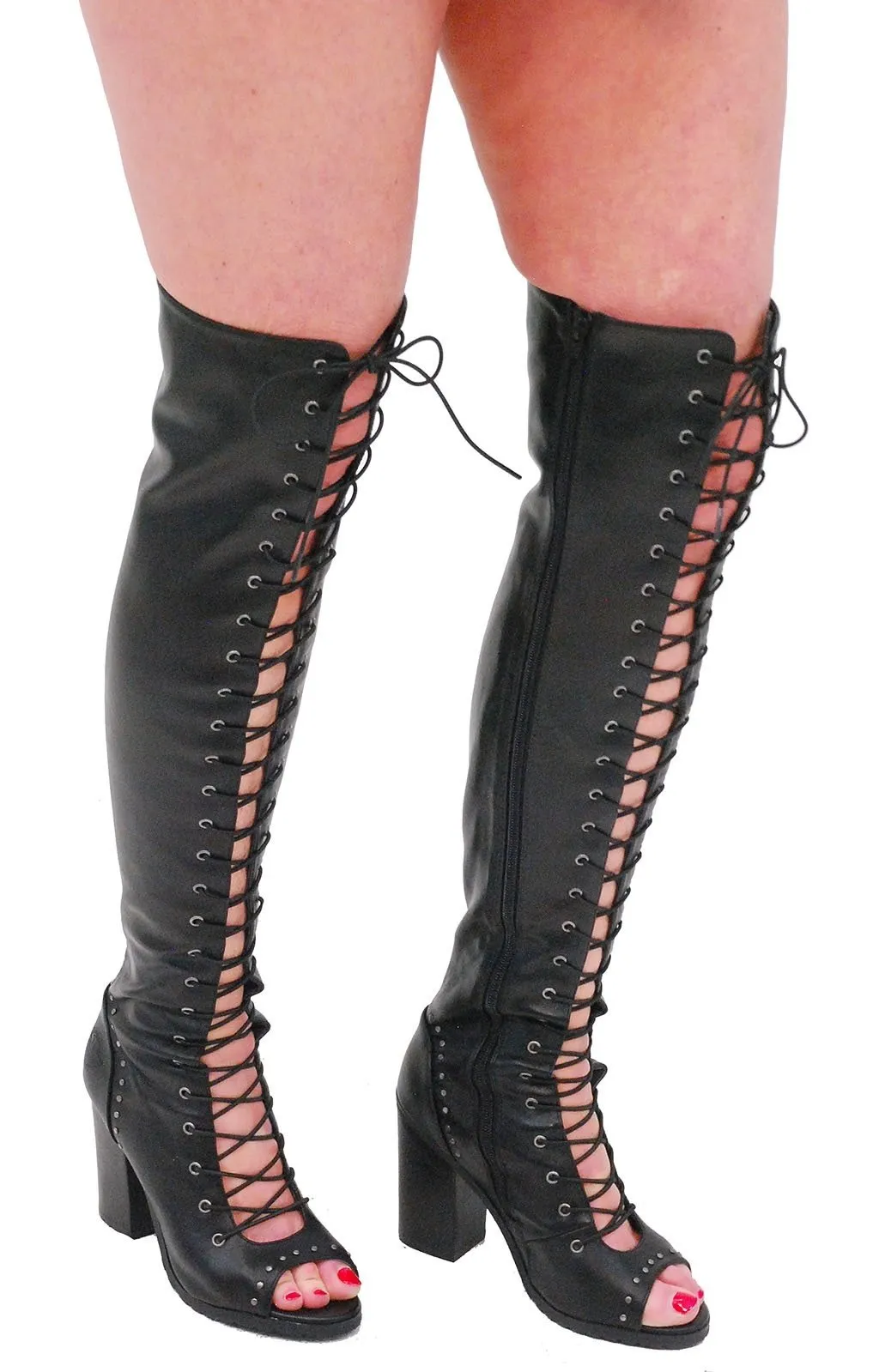 Milwaukee Lace Up Thigh High Open Toe Studded Boots #BLC9421THI ()