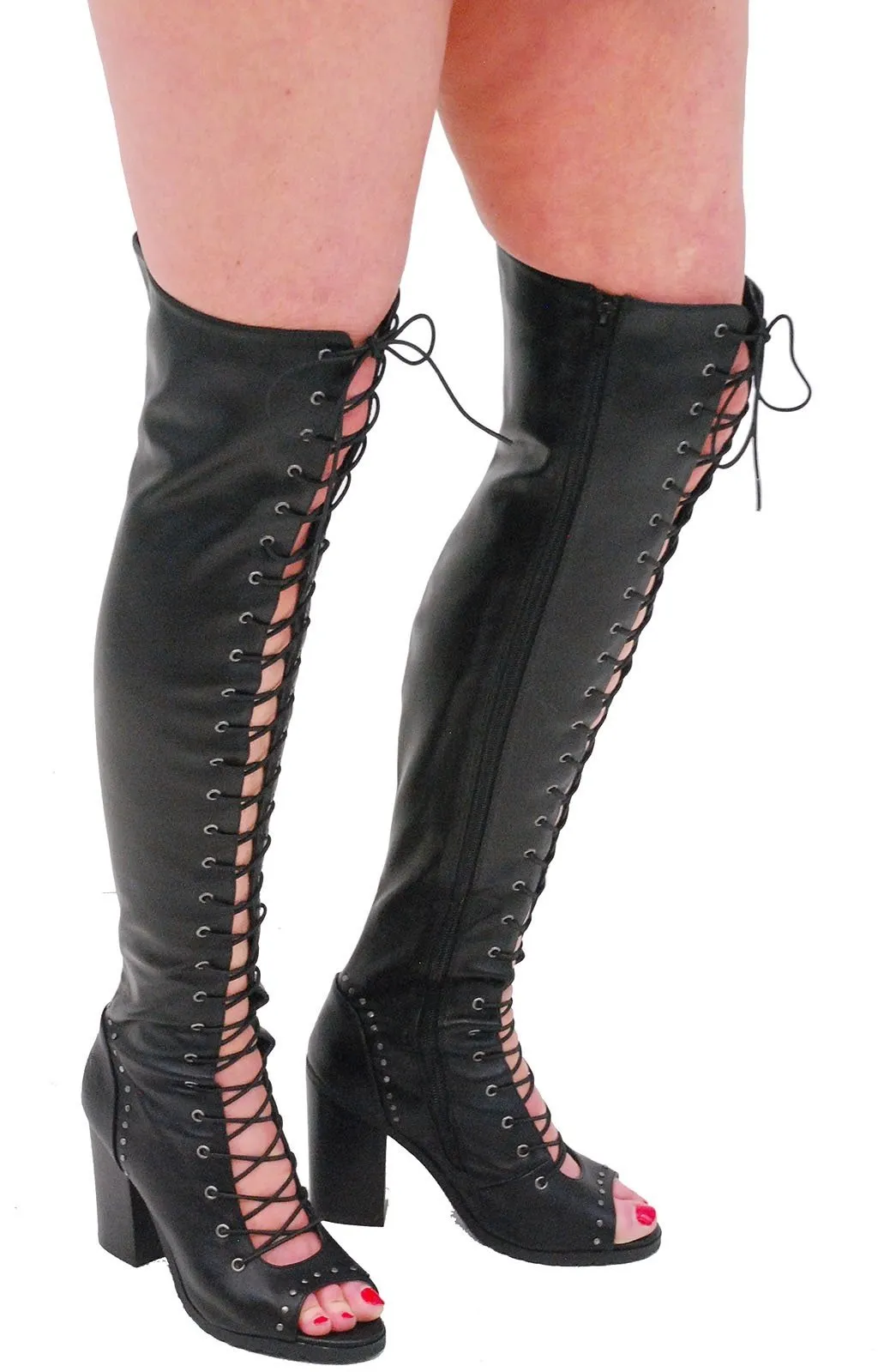 Milwaukee Lace Up Thigh High Open Toe Studded Boots #BLC9421THI ()