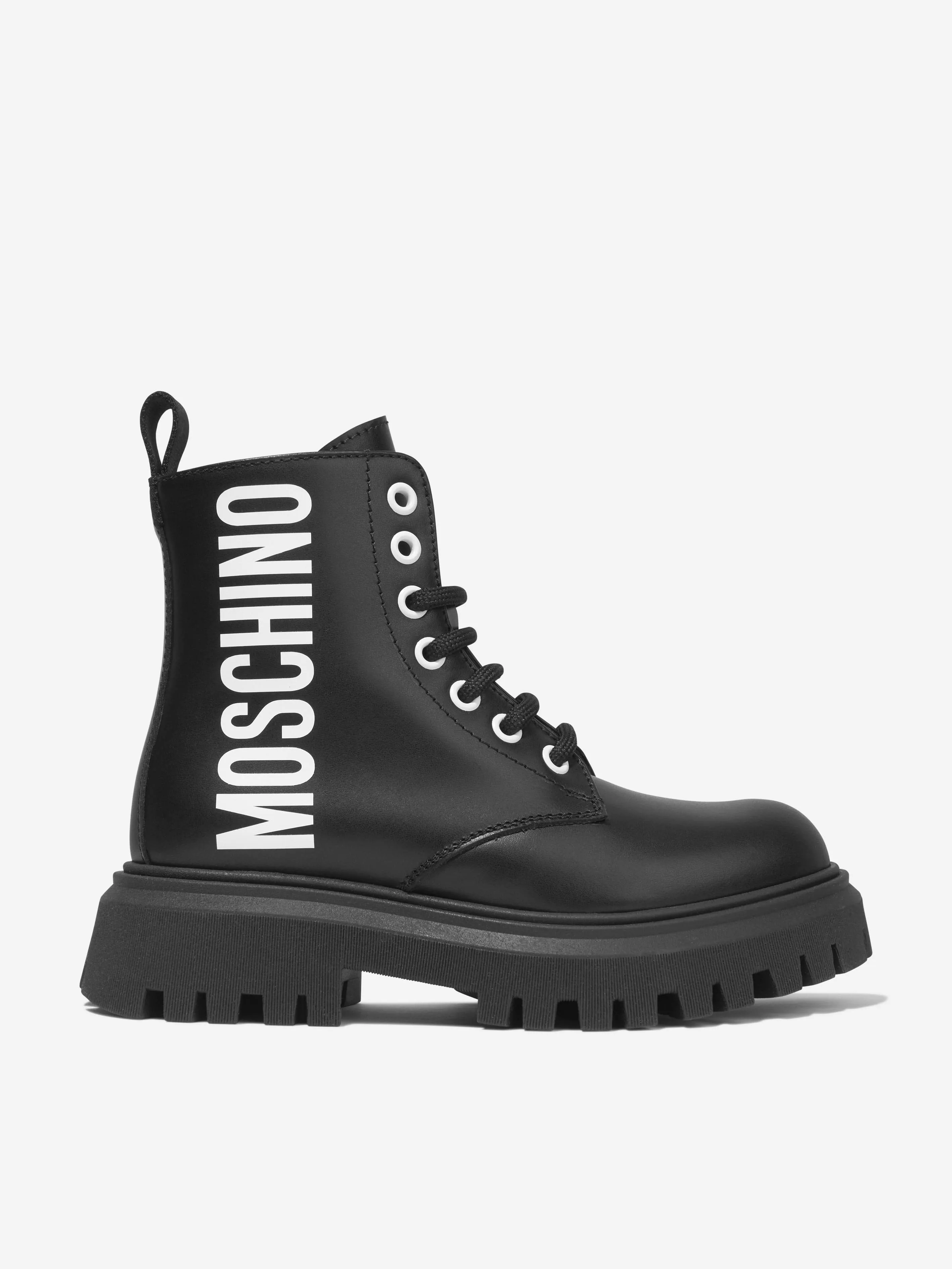 Moschino Girls Leather Maxi Logo Lace Up Boots