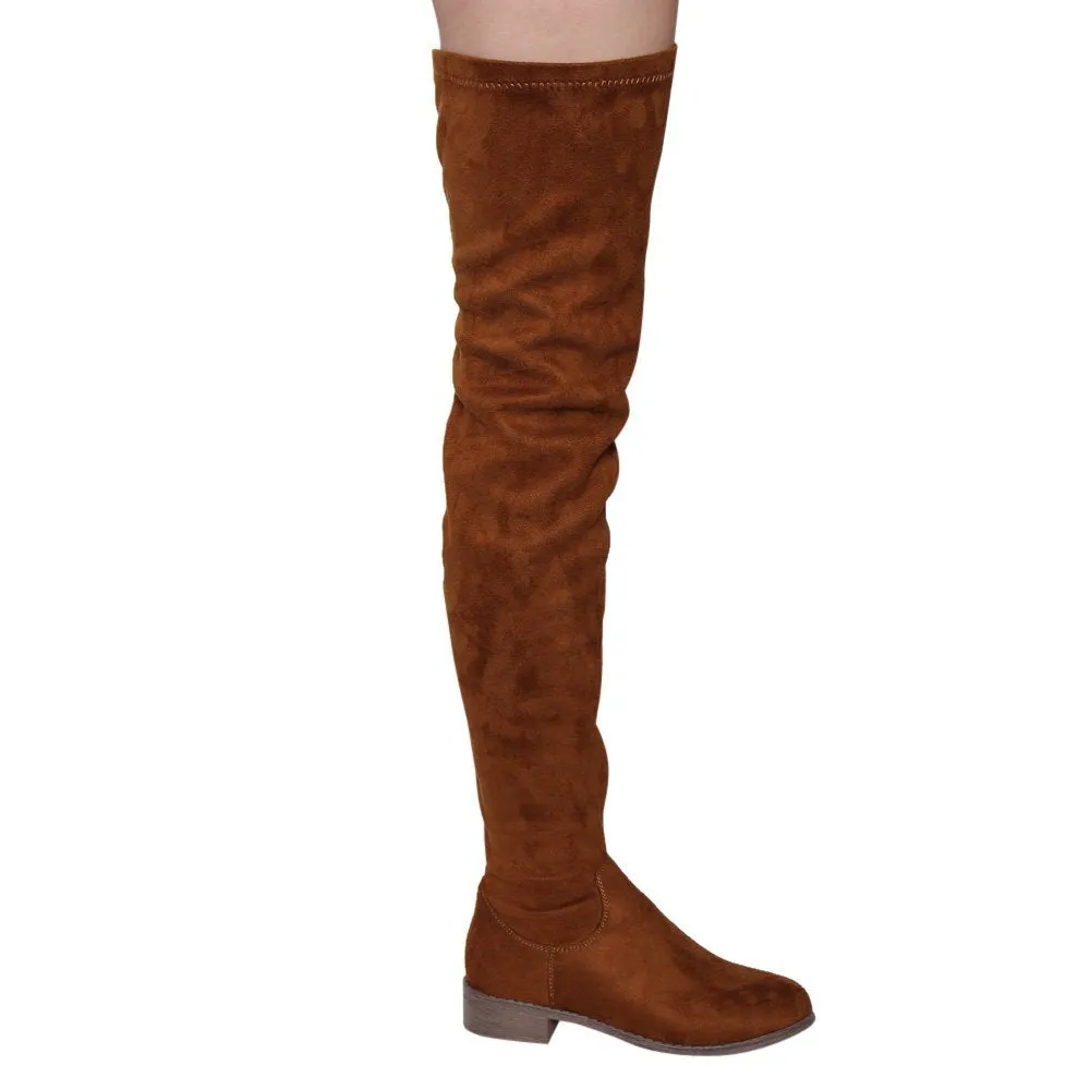 NATURE BREEZE FF05 Women's Stretchy Thigh High Snug Fit Low Block Heel Boots