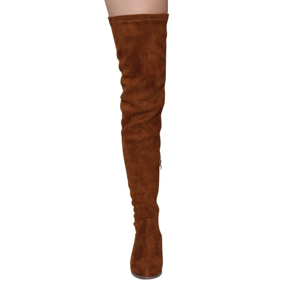 NATURE BREEZE FF05 Women's Stretchy Thigh High Snug Fit Low Block Heel Boots