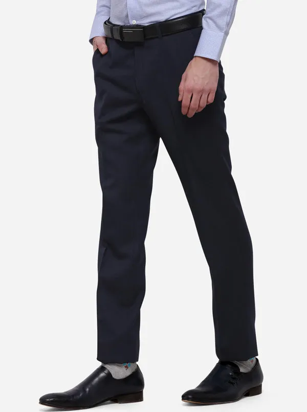 Navy Blue Solid Slim Fit Formal Trouser | Metal