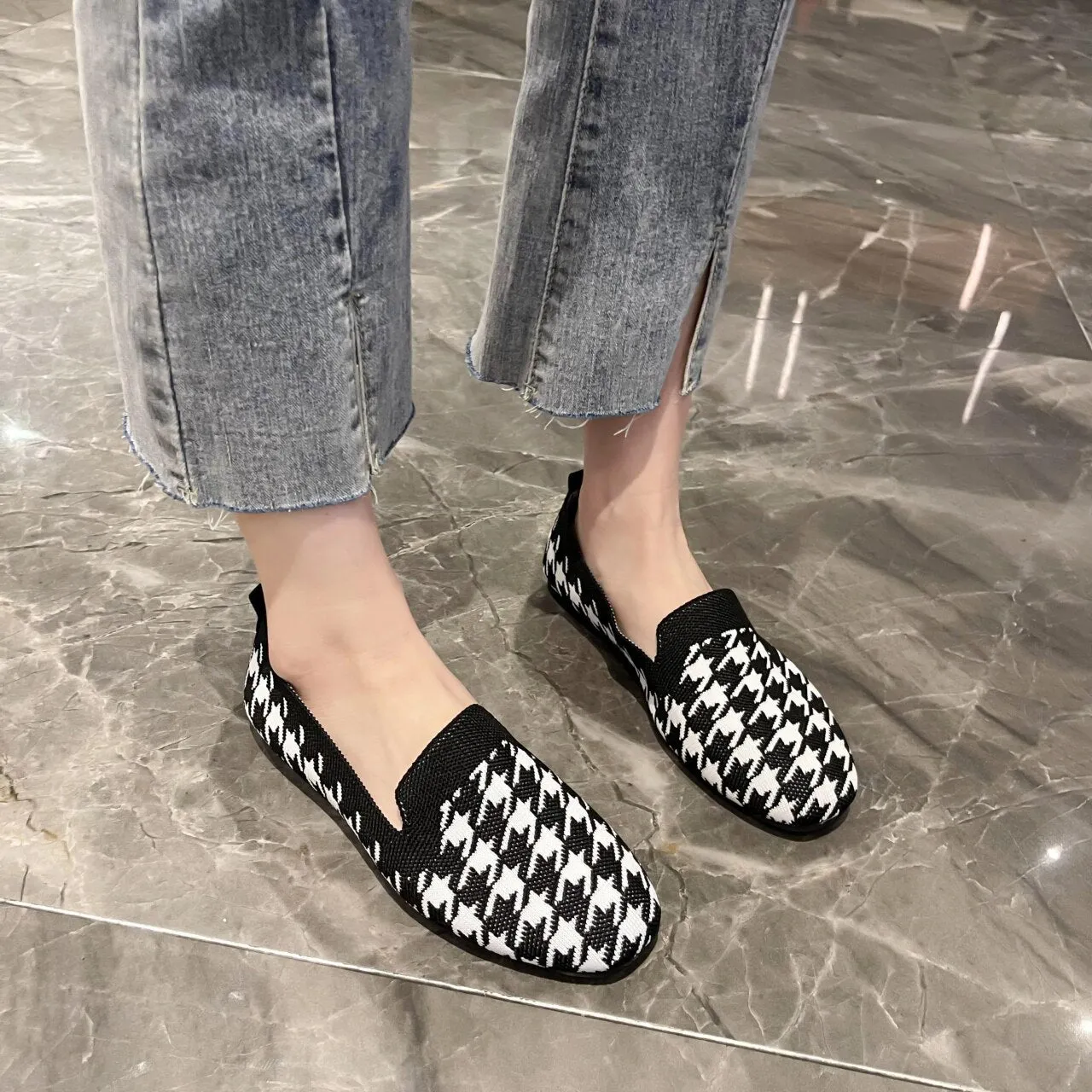 Purpdrank - Woman Loafers Houndstooth Knitted Slip on Shoes Spring Flat Moccasins Ladies Wide Fit Zapatos De Mujer