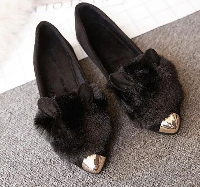 rabbit ears fur loafers women metal ladies shoes