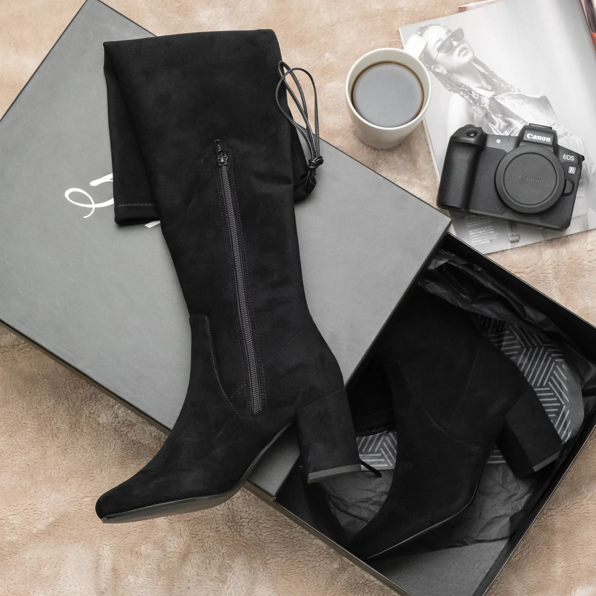 Saint Luisa Black Stretch Suede Above The Knee Boots