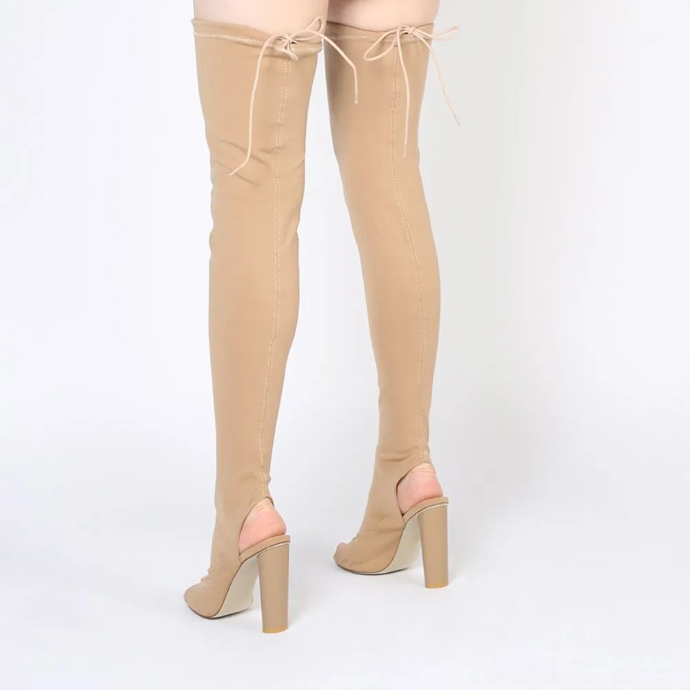 Sidney Peeptoe Sock Fit Boots in Camel Stretch