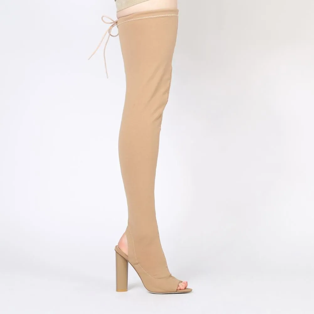 Sidney Peeptoe Sock Fit Boots in Camel Stretch