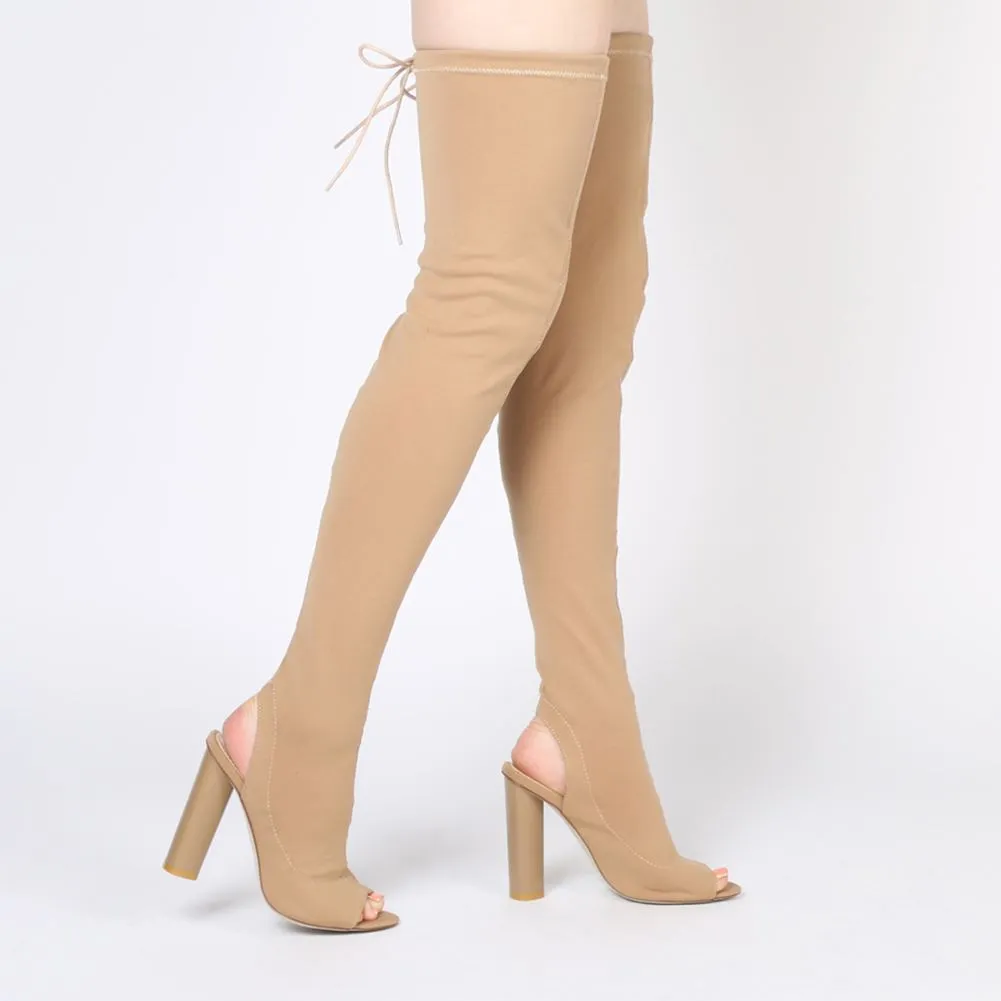 Sidney Peeptoe Sock Fit Boots in Camel Stretch