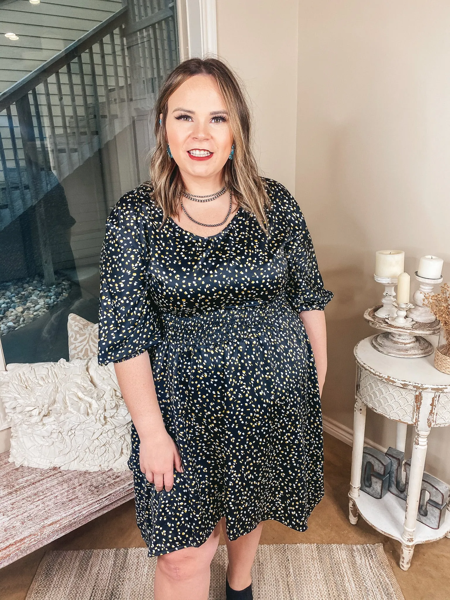 Sunday Fun Day Asymmetrical Half Sleeve Dress with Ivory and Yellow Dots in Black