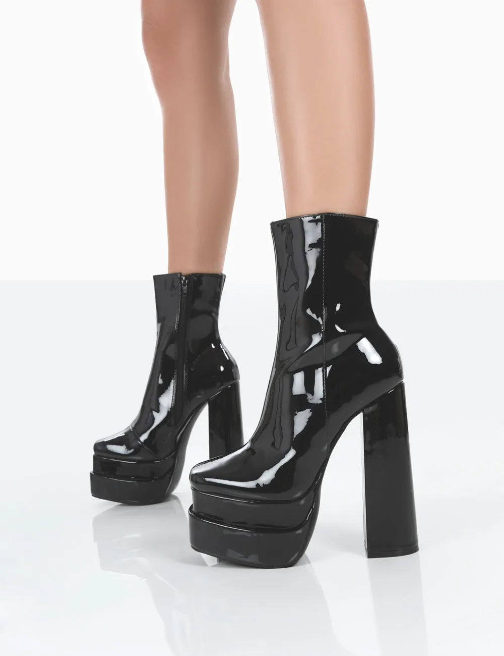 Supine Wide Fit Black Chunky Platform High Heeled Ankle Boots Block