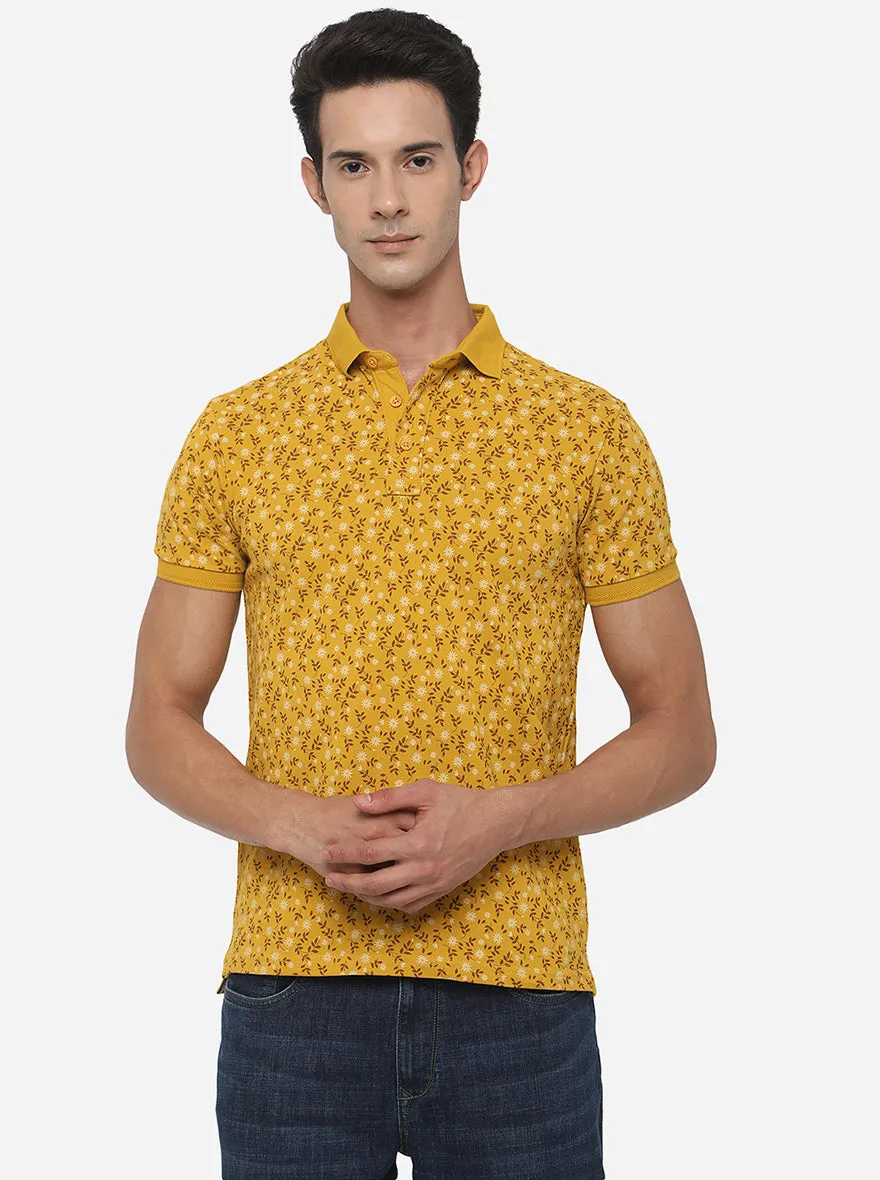 Tawny Yellow Printed Slim Fit Polo T-Shirt | JadeBlue