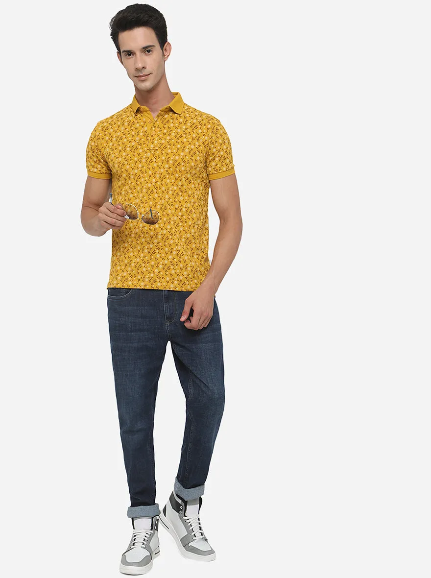 Tawny Yellow Printed Slim Fit Polo T-Shirt | JadeBlue