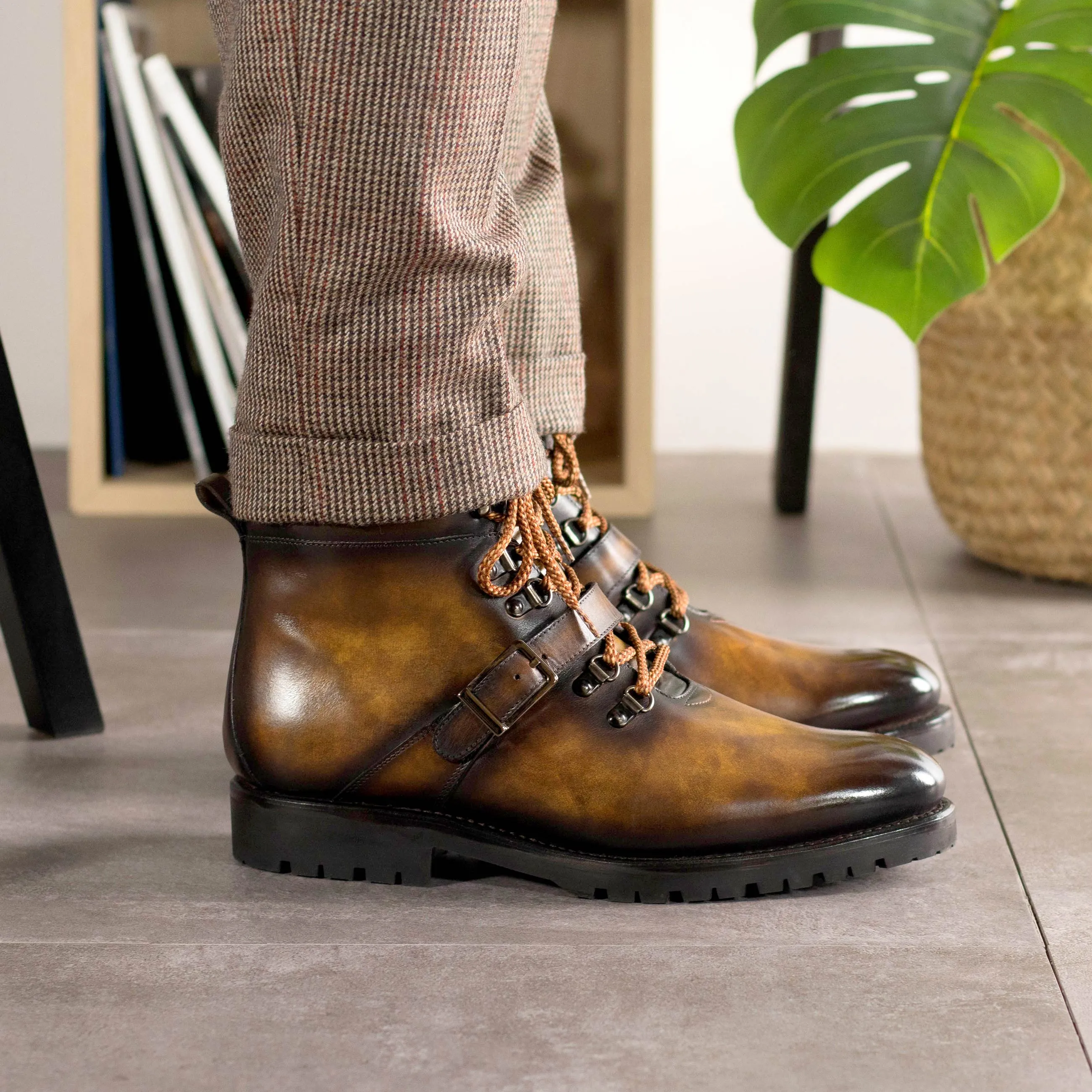 Tobacco Patina Leather Hiking Boots