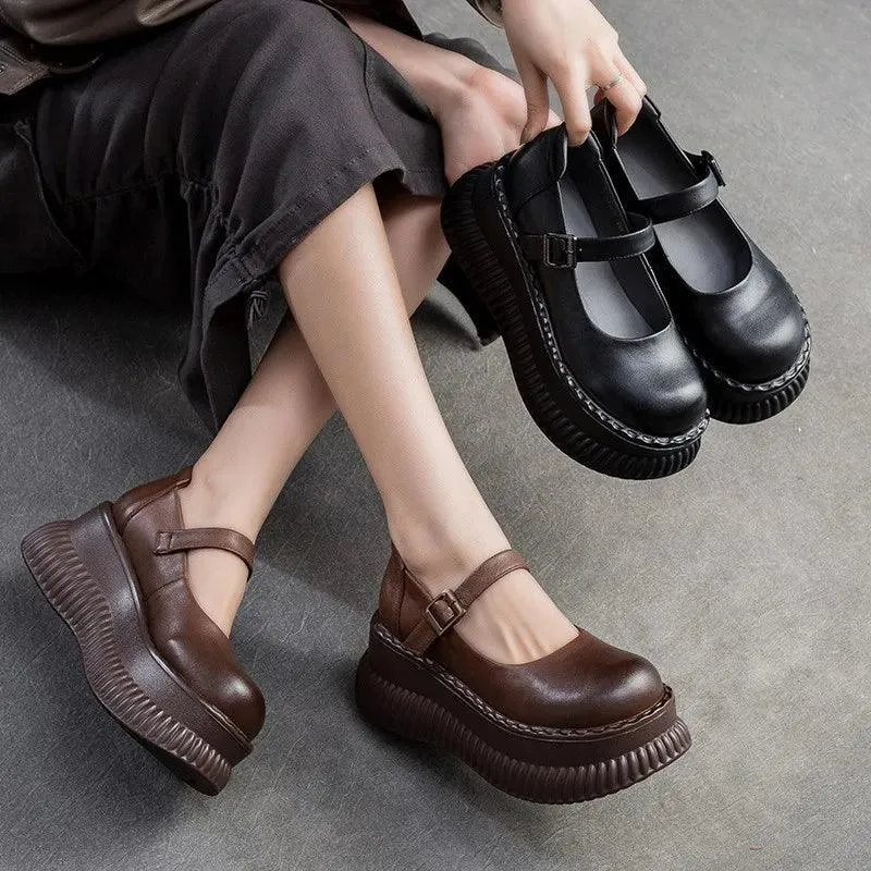 TSS123 Women's Casual Shoes - Leather Flat Platform, Thick-Soled Sandals