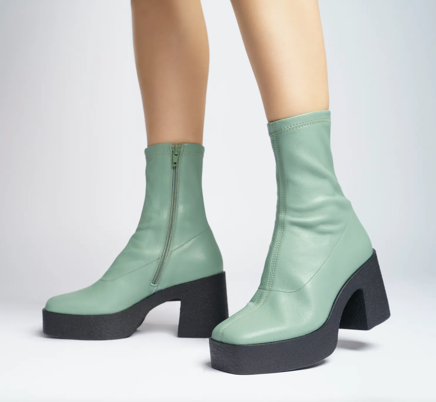 Umi Sage Green Stretch Leather Chunky Ankle Boots