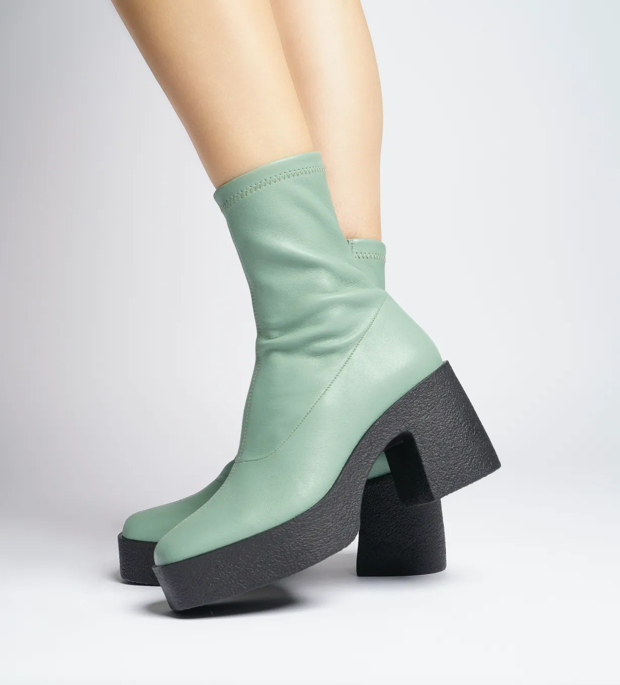 Umi Sage Green Stretch Leather Chunky Ankle Boots