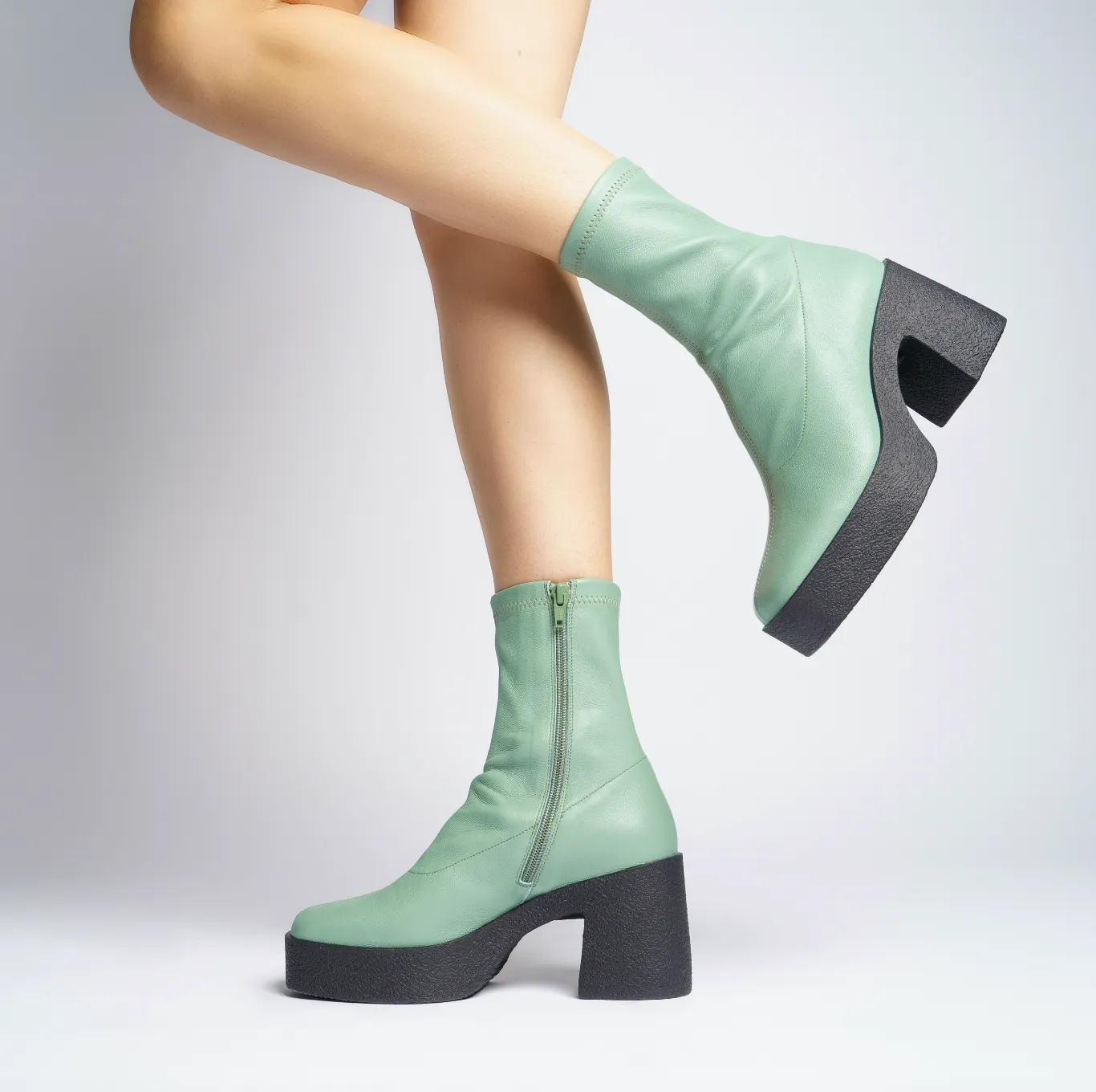 Umi Sage Green Stretch Leather Chunky Ankle Boots