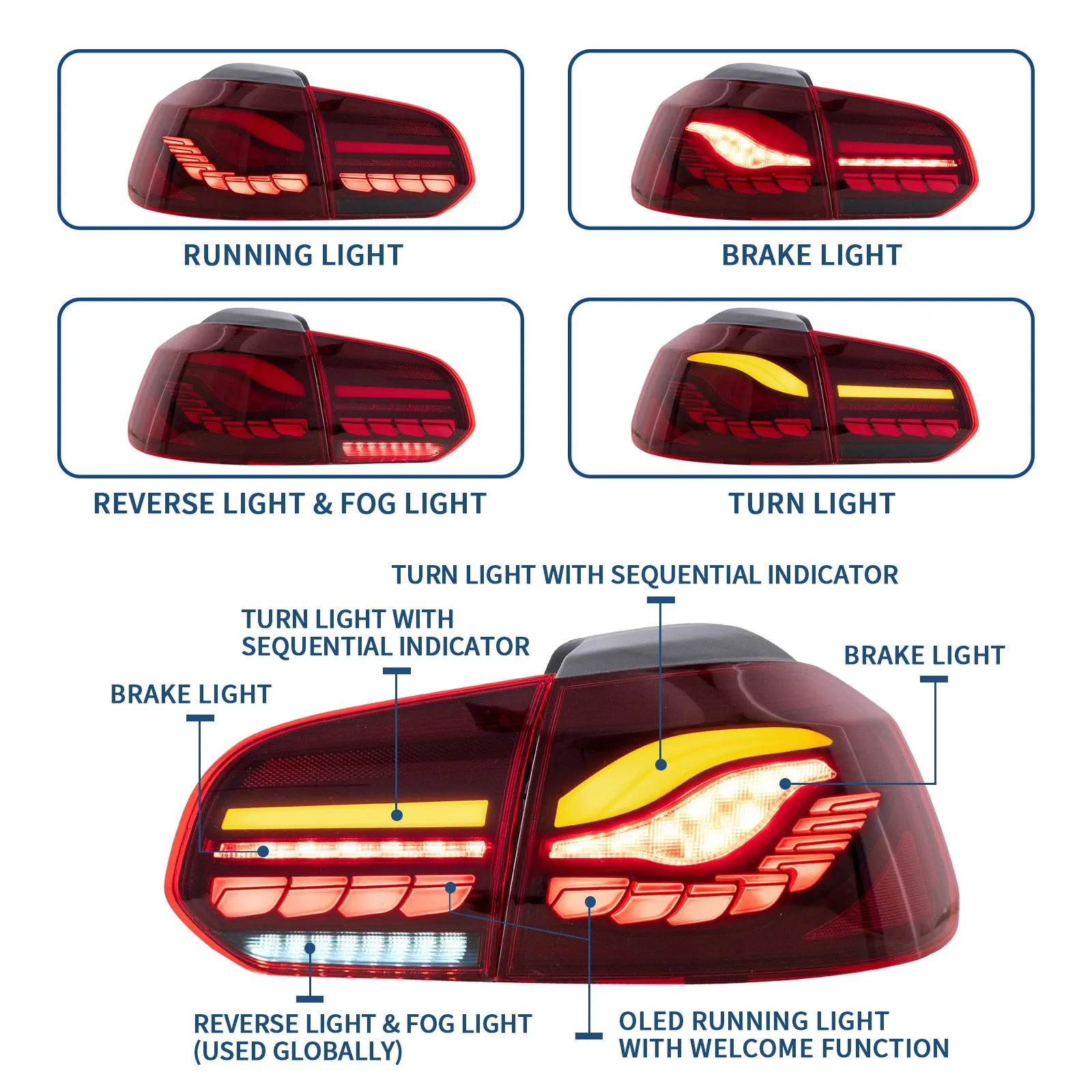 VLAND OLED Tail lights For Volkswagen Golf 6 MK6 2008-2014 With Sequential indicators Turn Signals [E-MARK.]