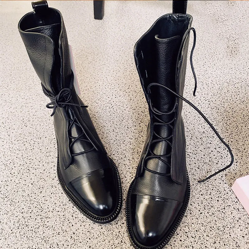 Women black motorcycle boots fashion chunky low heel crisscross lace up boots