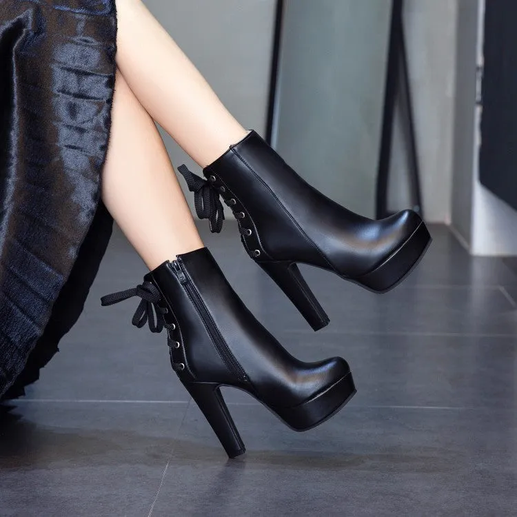 Women's Back Lace Up Platform High Heel Short Boots