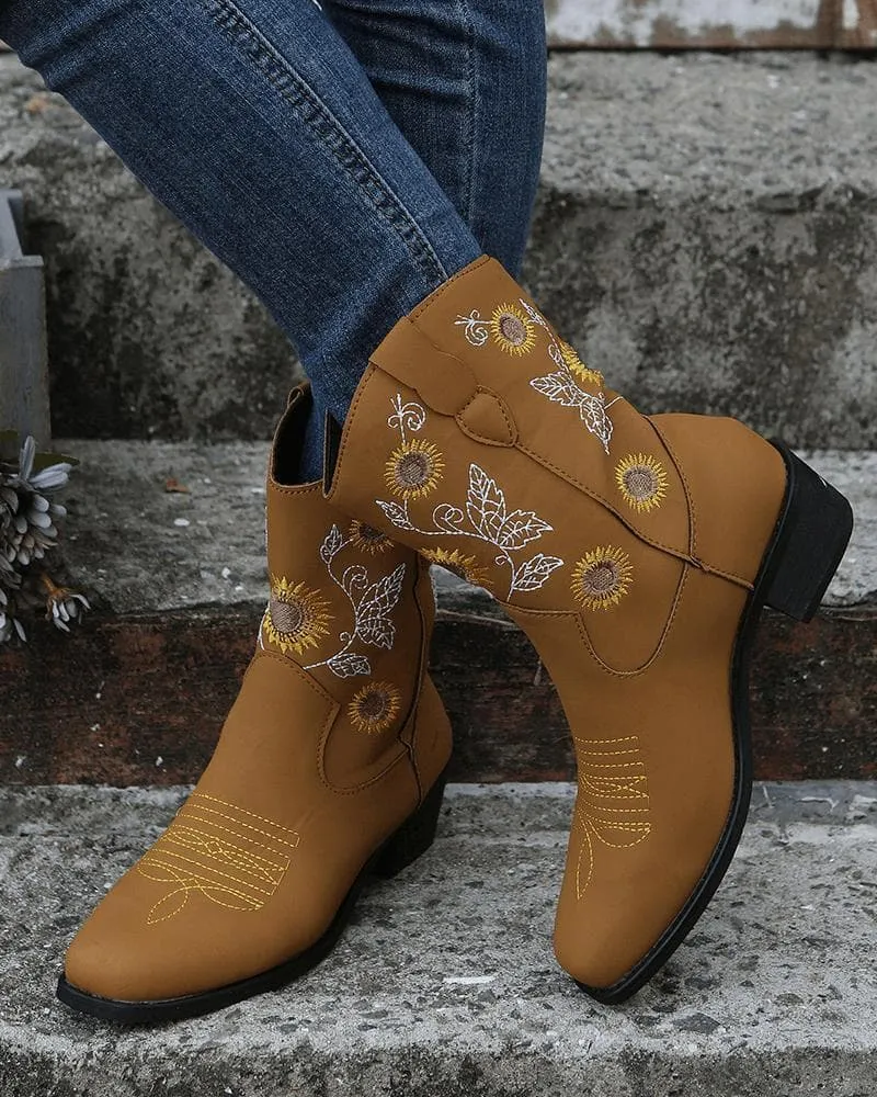 Women's Casual Daily Floral Embroidery Slip On Boots