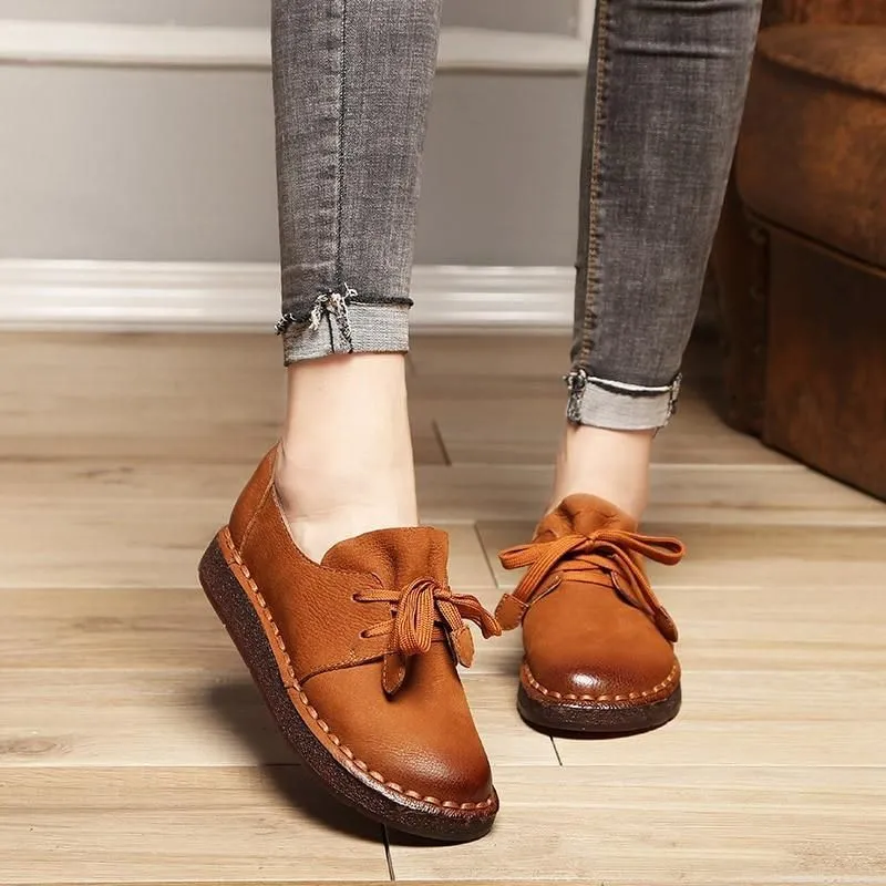 Women's Casual Shoes Brown Loafers Lace-up Flats MN0312