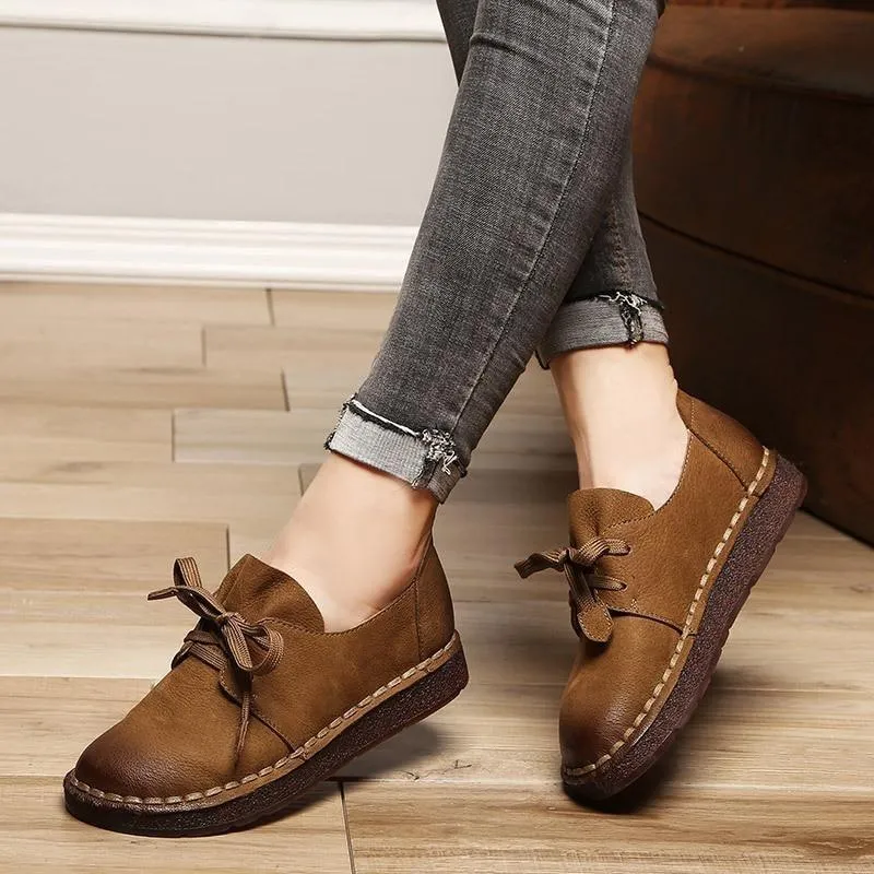 Women's Casual Shoes Brown Loafers Lace-up Flats MN0312