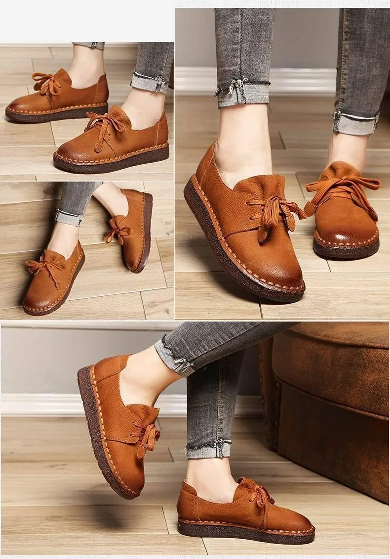 Women's Casual Shoes Brown Loafers Lace-up Flats MN0312