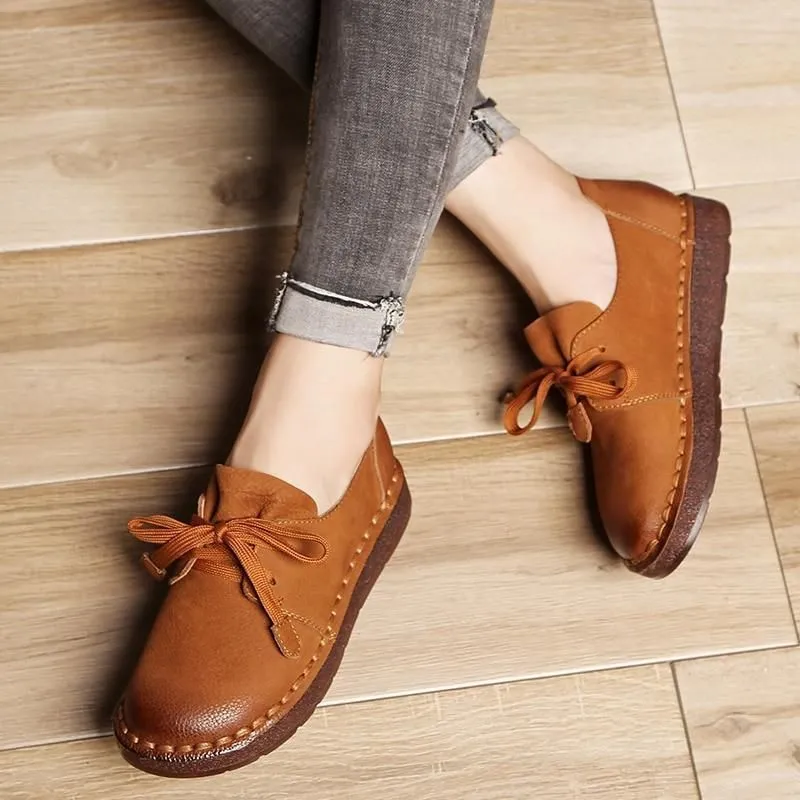 Women's Casual Shoes Brown Loafers Lace-up Flats MN0312