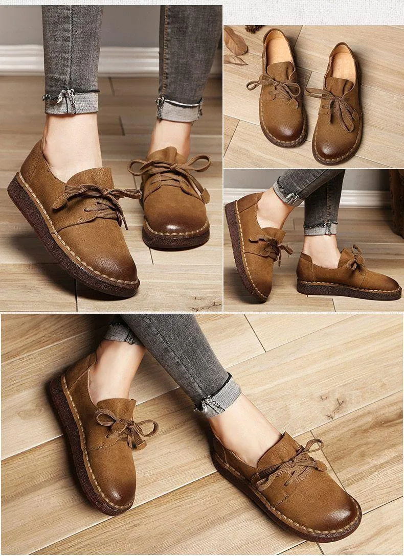 Women's Casual Shoes Brown Loafers Lace-up Flats MN0312