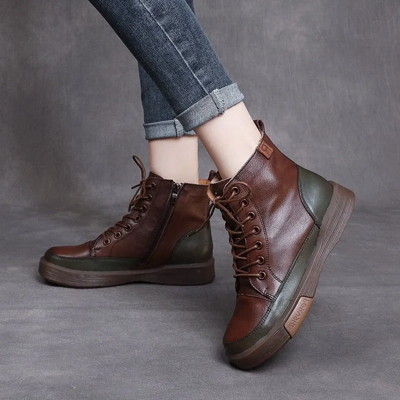 Women's Casual Shoes Handmade Leather Flat Ankle Boots 68188