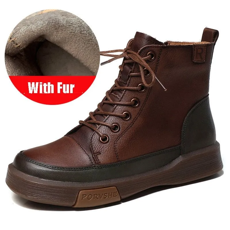 Women's Casual Shoes Handmade Leather Flat Ankle Boots 68188