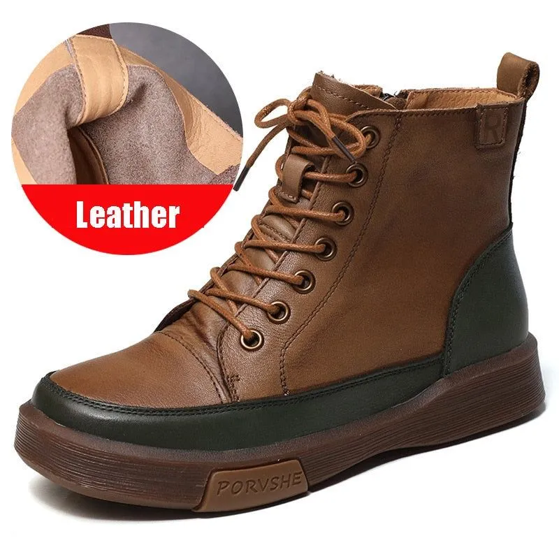 Women's Casual Shoes Handmade Leather Flat Ankle Boots 68188