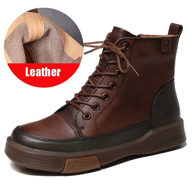 Women's Casual Shoes Handmade Leather Flat Ankle Boots 68188