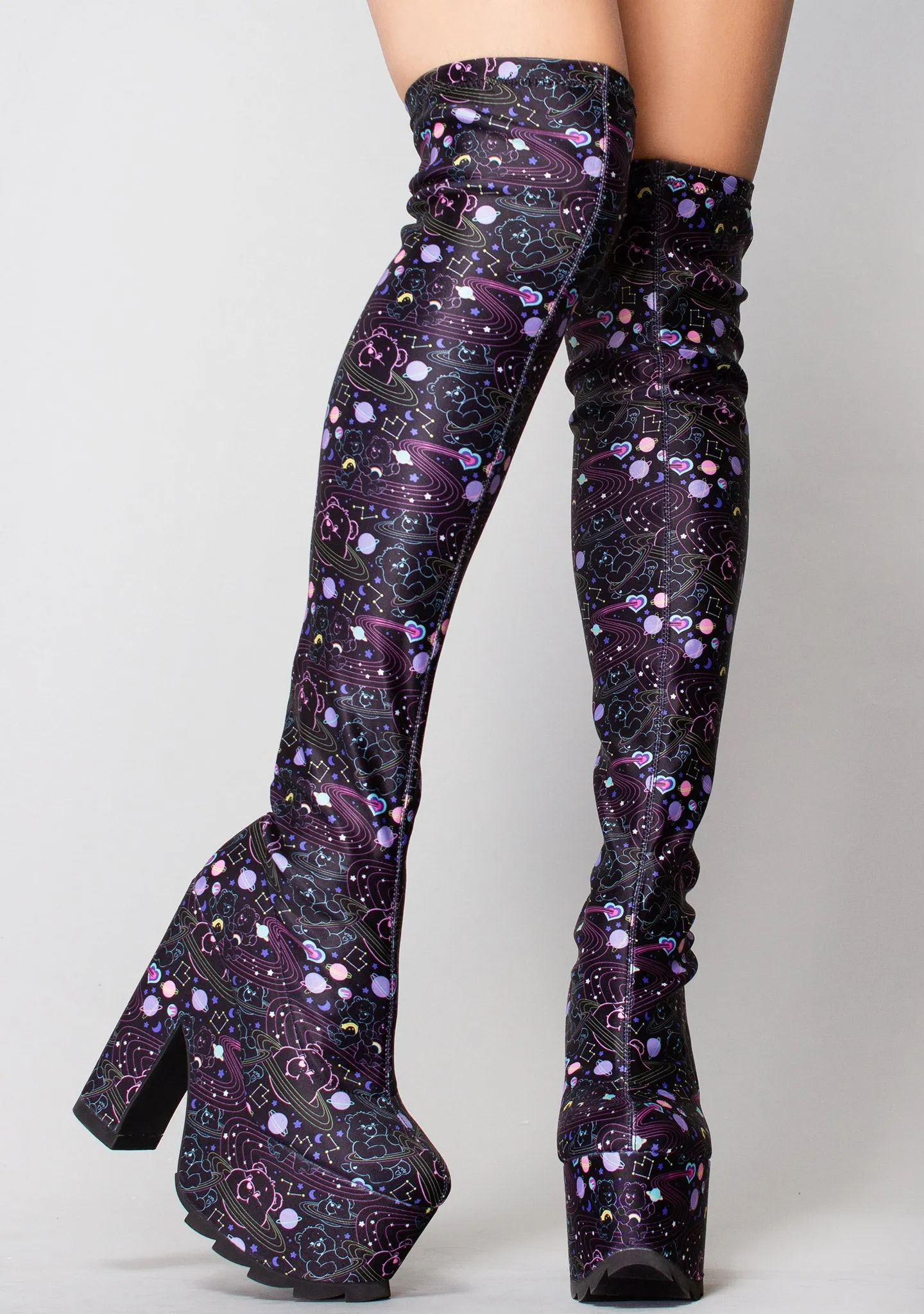 X Care Bears Labyrinth Platform Thigh High Boots in Cosmic Black