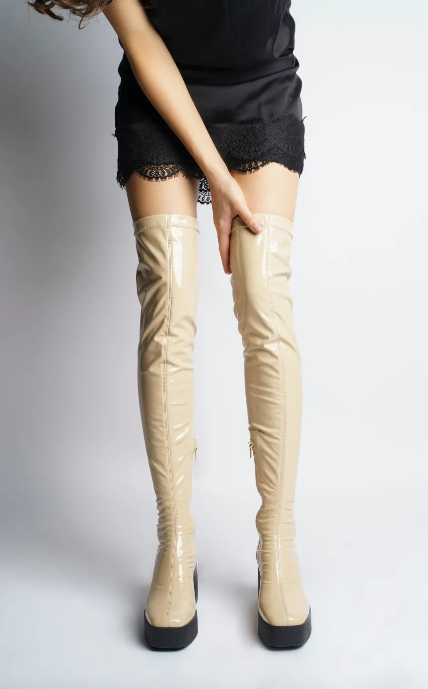 Yoshi Beige Thigh-High Stretch Patent Boots