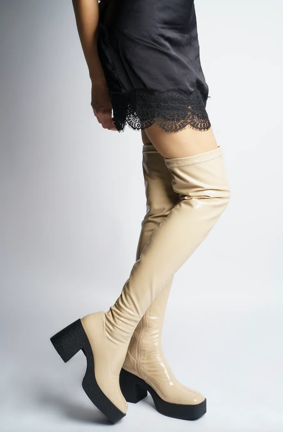 Yoshi Beige Thigh-High Stretch Patent Boots