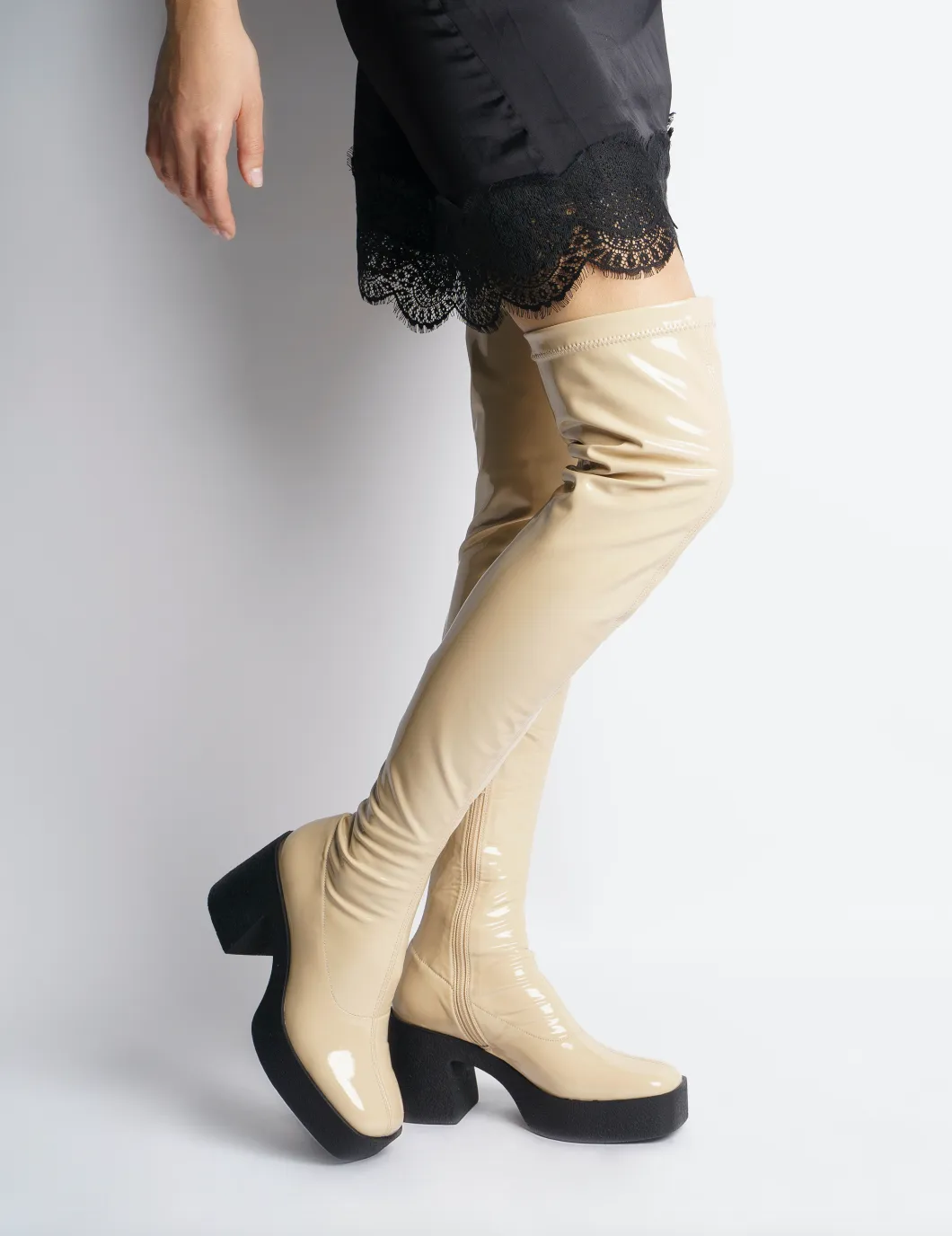 Yoshi Beige Thigh-High Stretch Patent Boots